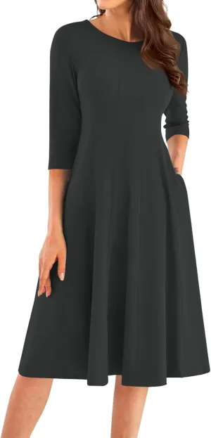 Women Fall Dresses Trendy 2024 Crewneck 3/4 Sleeve A Line Flowy Midi Dress with Pockets