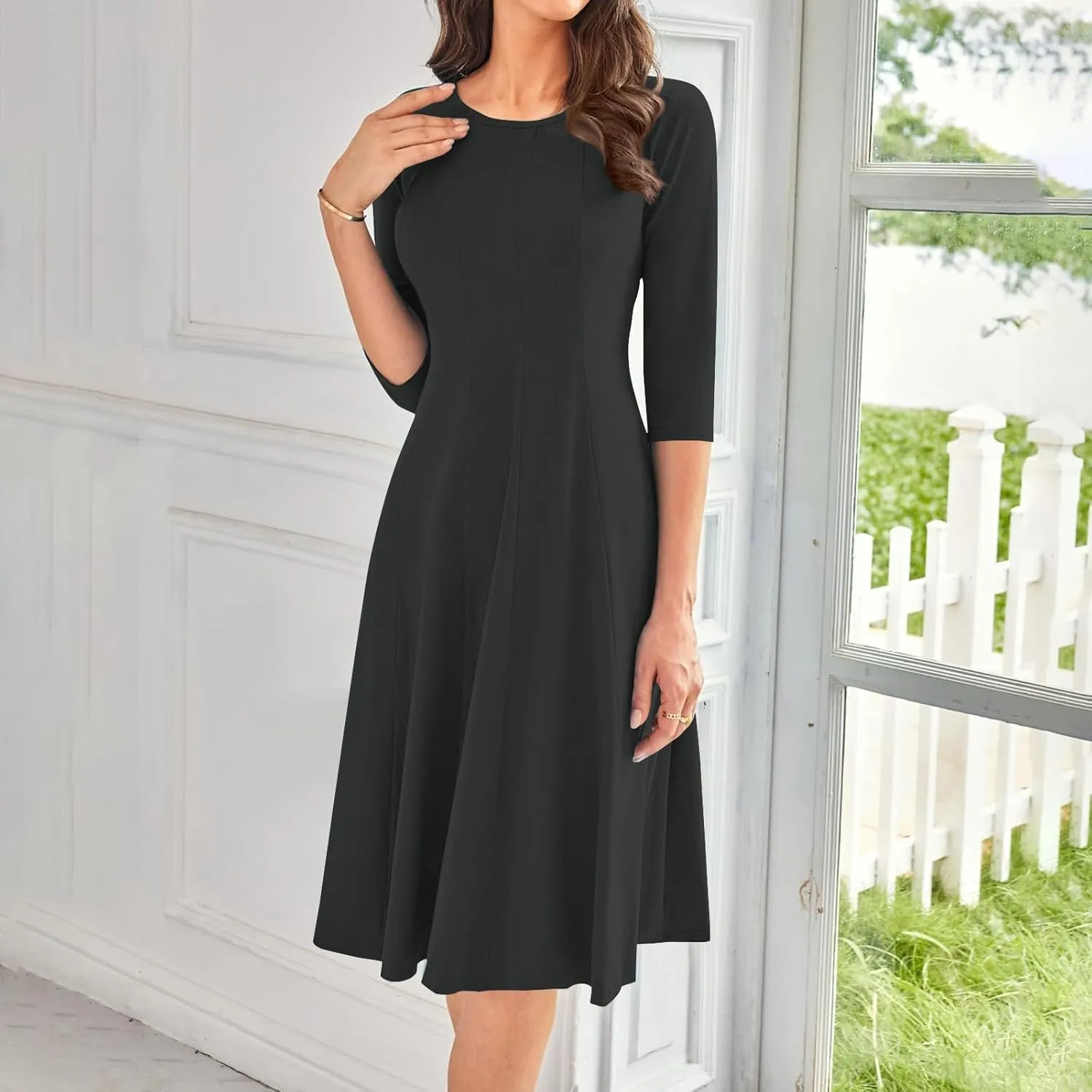 Women Fall Dresses Trendy 2024 Crewneck 3/4 Sleeve A Line Flowy Midi Dress with Pockets