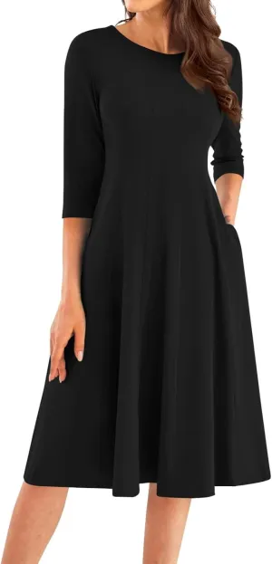 Women Fall Dresses Trendy 2024 Crewneck 3/4 Sleeve A Line Flowy Midi Dress with Pockets