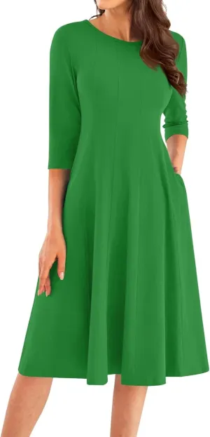 Women Fall Dresses Trendy 2024 Crewneck 3/4 Sleeve A Line Flowy Midi Dress with Pockets