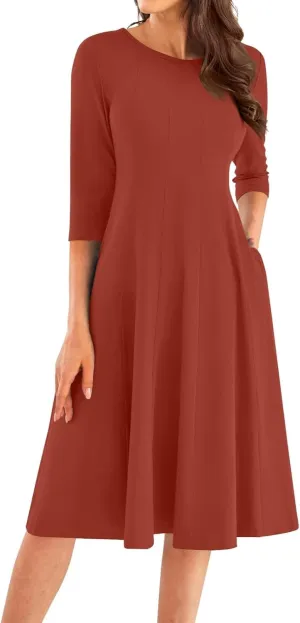 Women Fall Dresses Trendy 2024 Crewneck 3/4 Sleeve A Line Flowy Midi Dress with Pockets
