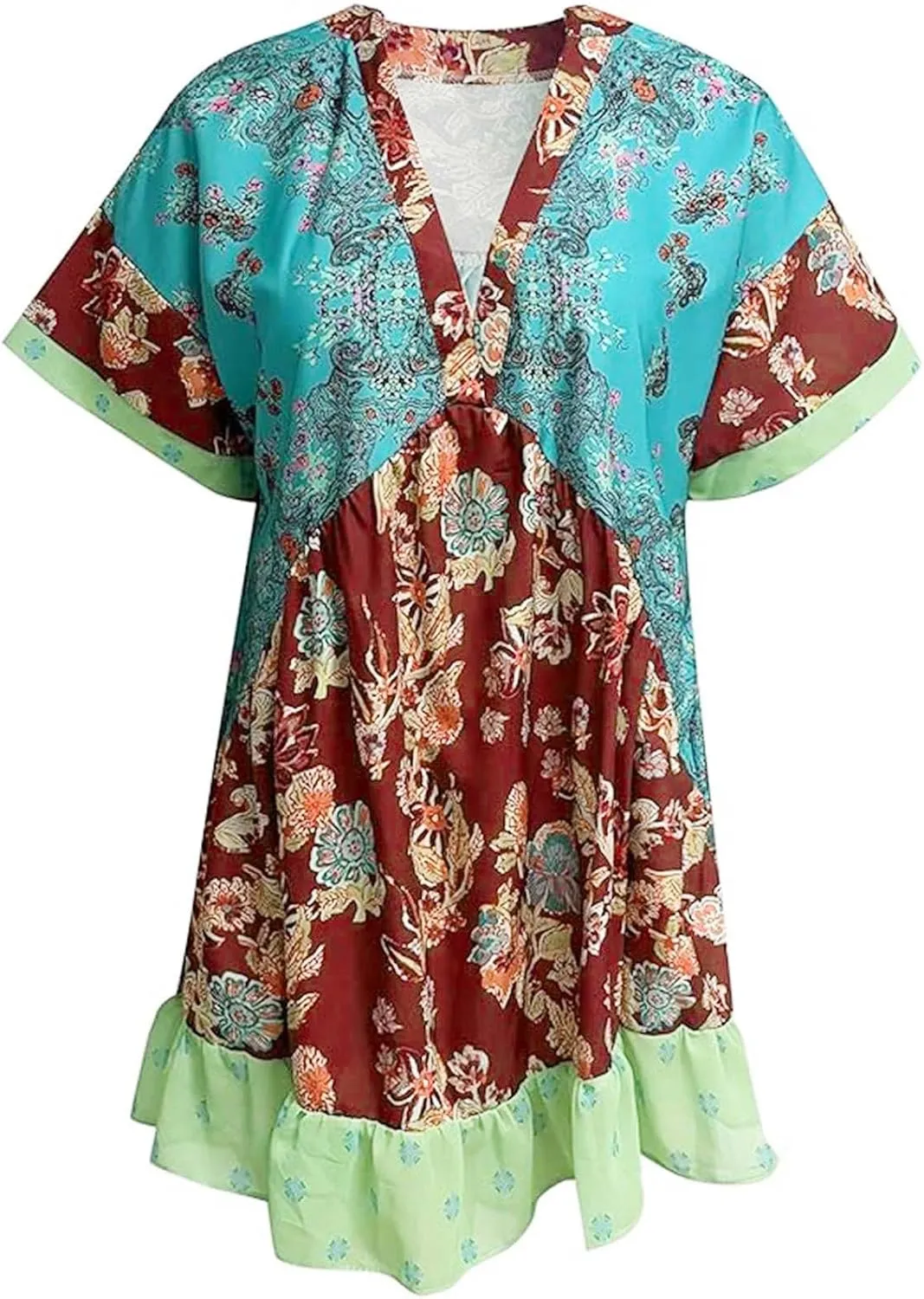 Women Floral Boho Summer Dresses Deep V Neck Short Sleeve Mini Beach Dress Ruffle Flowy Babydoll Short Sun Dress