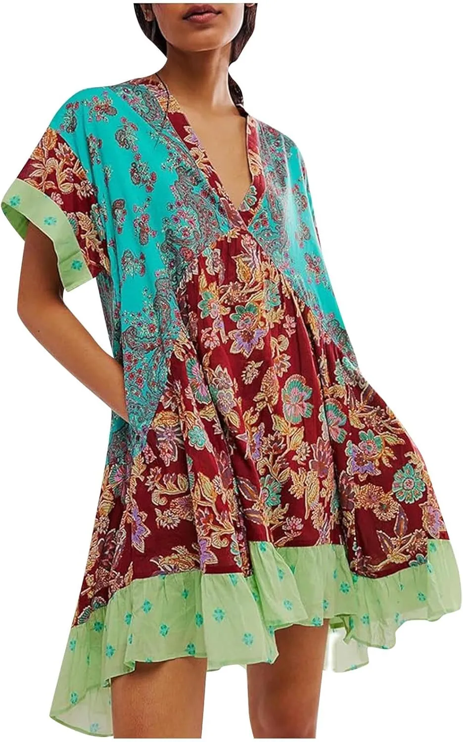 Women Floral Boho Summer Dresses Deep V Neck Short Sleeve Mini Beach Dress Ruffle Flowy Babydoll Short Sun Dress