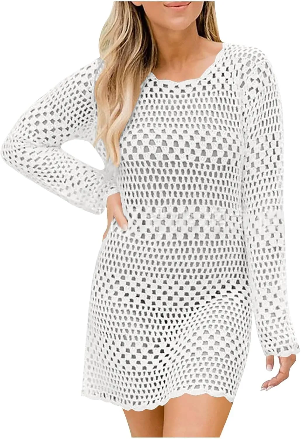 Women Hollow Crochet Coverup Mini Dress Summer Beach Vacation Tunic Dresses Casual Loose Fit Swimsuit Cover Ups