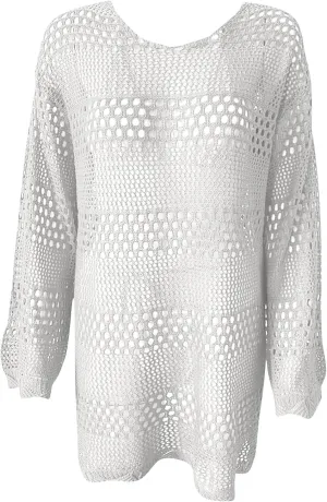 Women Hollow Crochet Coverup Mini Dress Summer Beach Vacation Tunic Dresses Casual Loose Fit Swimsuit Cover Ups