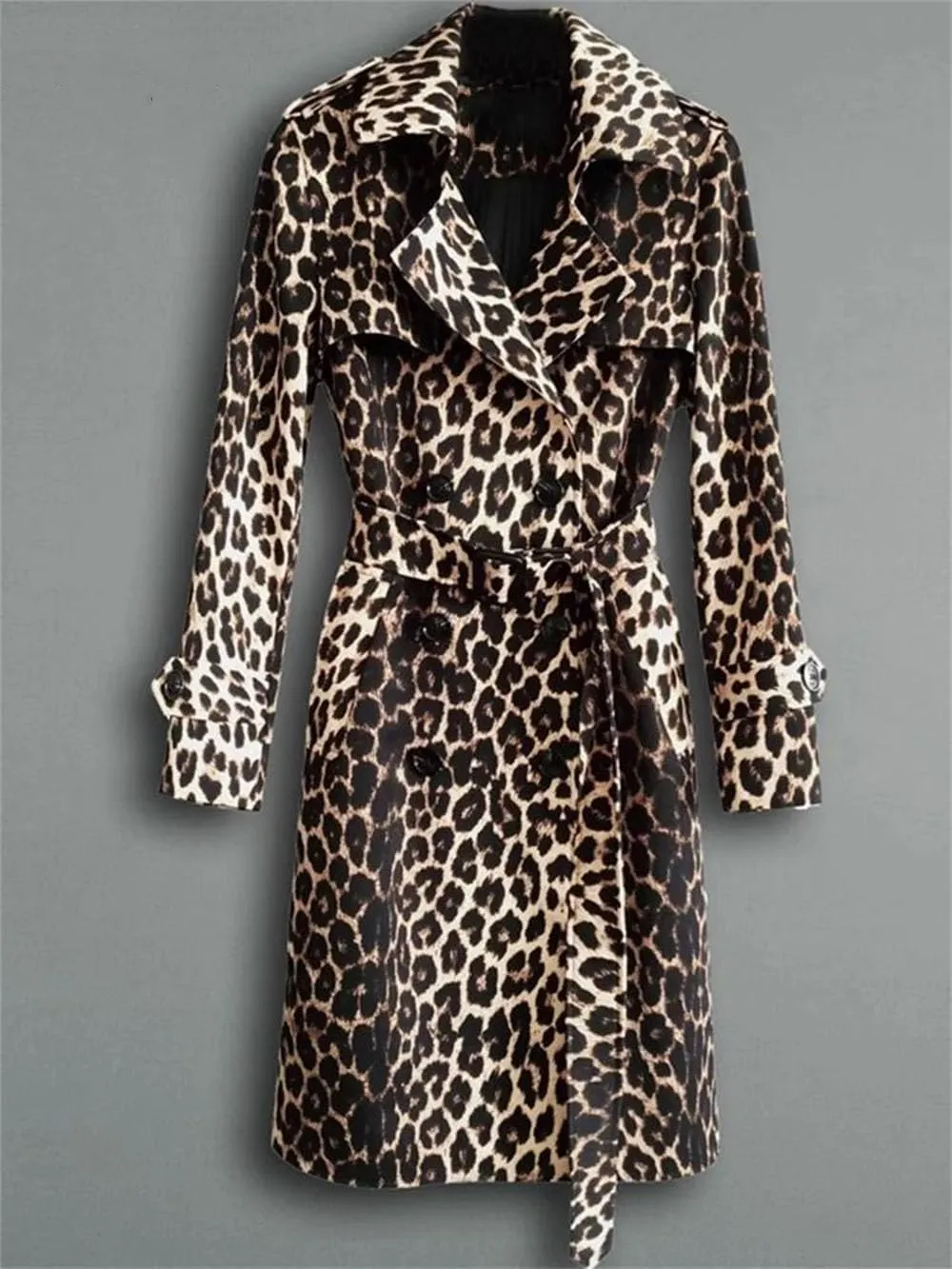 Women Long Leopard Print Trench Coat Belt Double Breasted Casual Vacation Trenchcoats Street Long Jacket