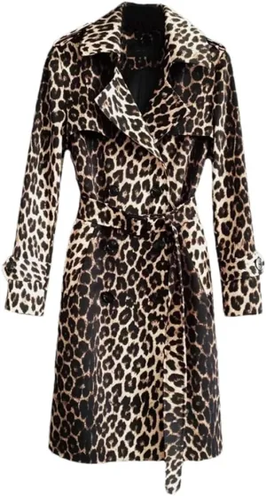 Women Long Leopard Print Trench Coat Belt Double Breasted Casual Vacation Trenchcoats Street Long Jacket