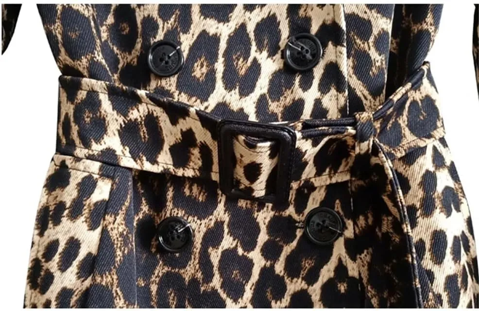 Women Long Leopard Print Trench Coat Belt Double Breasted Casual Vacation Trenchcoats Street Long Jacket
