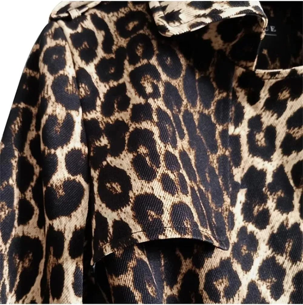 Women Long Leopard Print Trench Coat Belt Double Breasted Casual Vacation Trenchcoats Street Long Jacket