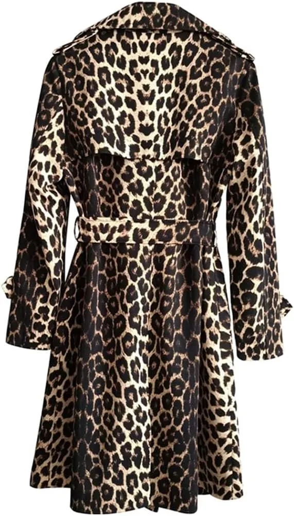 Women Long Leopard Print Trench Coat Belt Double Breasted Casual Vacation Trenchcoats Street Long Jacket
