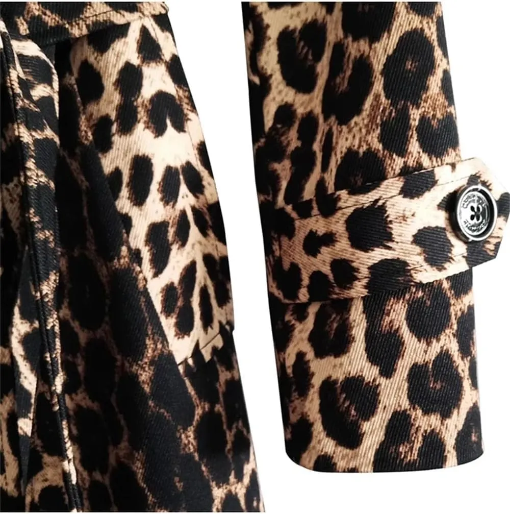 Women Long Leopard Print Trench Coat Belt Double Breasted Casual Vacation Trenchcoats Street Long Jacket