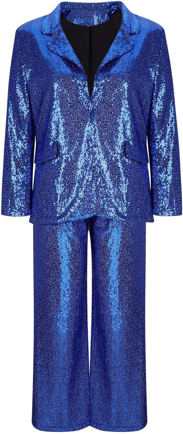 Women Sequin Blazer Sets Formal Prom Glitter Pants Suits Sparkly Jackets Wedding Evening Party 2 Piece Outfits