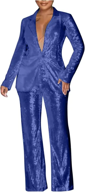 Women Sequin Blazer Sets Formal Prom Glitter Pants Suits Sparkly Jackets Wedding Evening Party 2 Piece Outfits