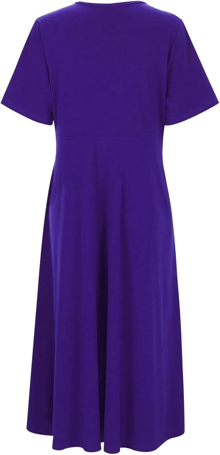 Women Summer Casual Dress V Neck Short Sleeve Pleated Maxi Beach Vacation Dresses with Pockets Boho Sundress