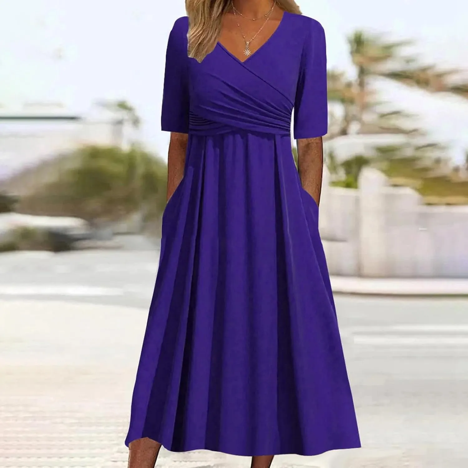 Women Summer Casual Dress V Neck Short Sleeve Pleated Maxi Beach Vacation Dresses with Pockets Boho Sundress