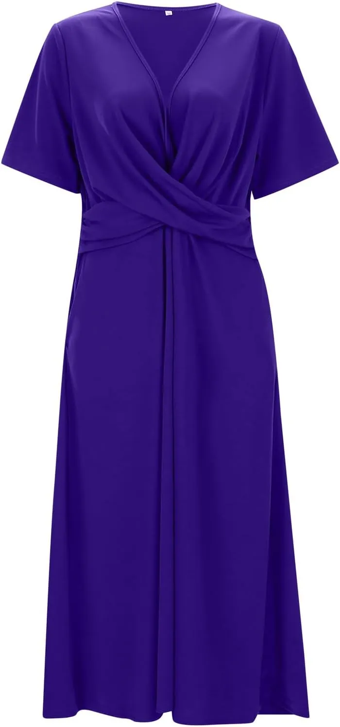 Women Summer Casual Dress V Neck Short Sleeve Pleated Maxi Beach Vacation Dresses with Pockets Boho Sundress