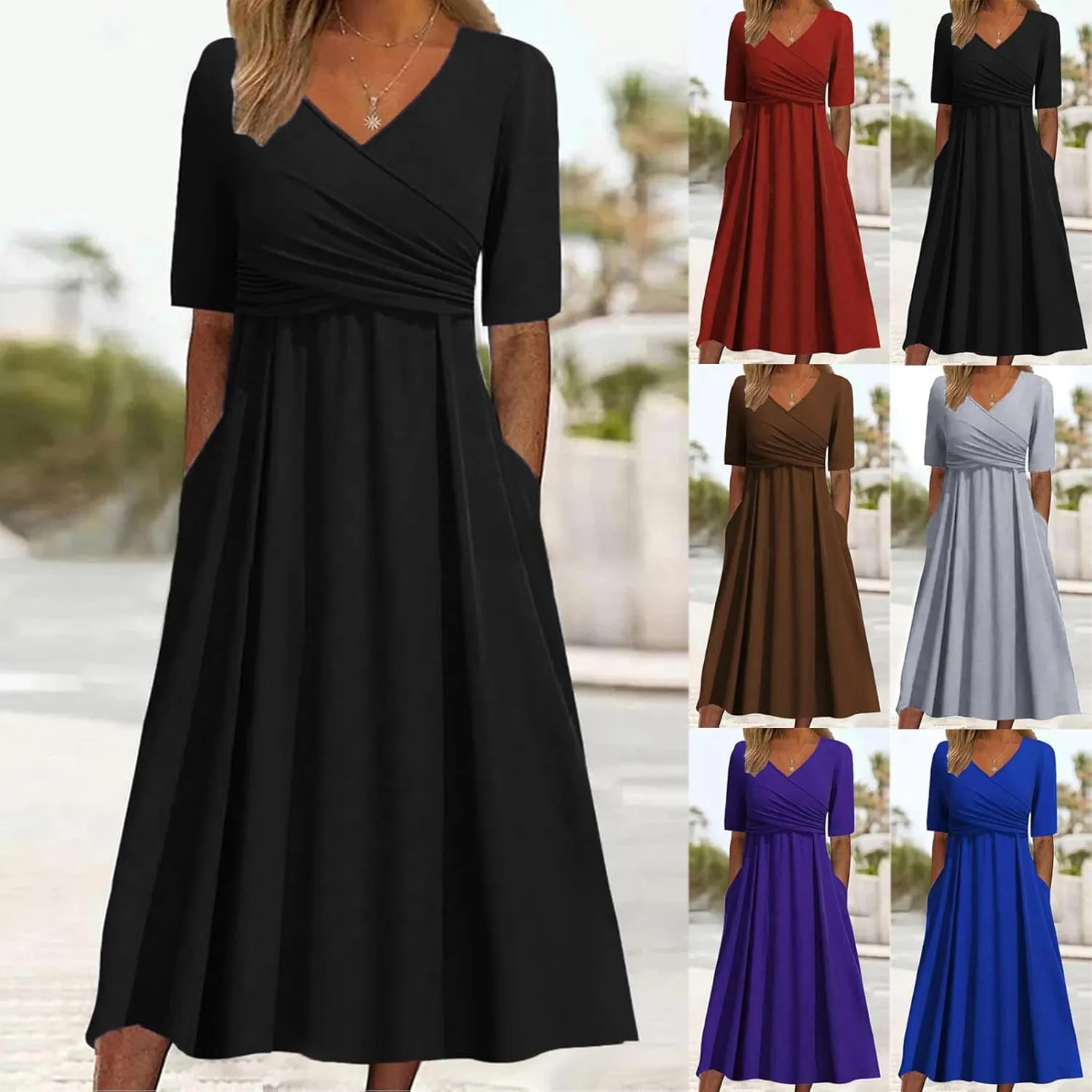 Women Summer Casual Dress V Neck Short Sleeve Pleated Maxi Beach Vacation Dresses with Pockets Boho Sundress