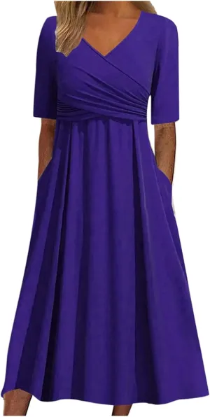 Women Summer Casual Dress V Neck Short Sleeve Pleated Maxi Beach Vacation Dresses with Pockets Boho Sundress