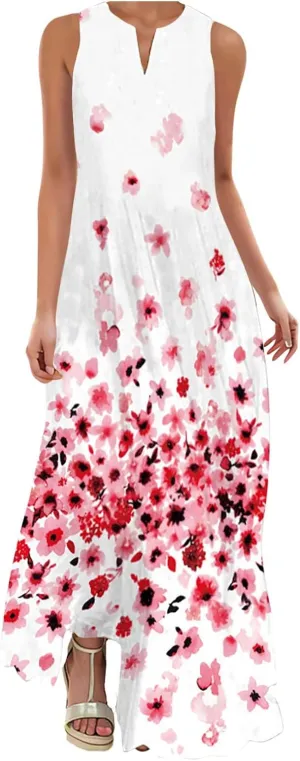 Women Summer Dresses 2025 Trendy Floral Print Maxi Dress Casual Flowy Sleeveless V Neck Long Sundress with Pockets