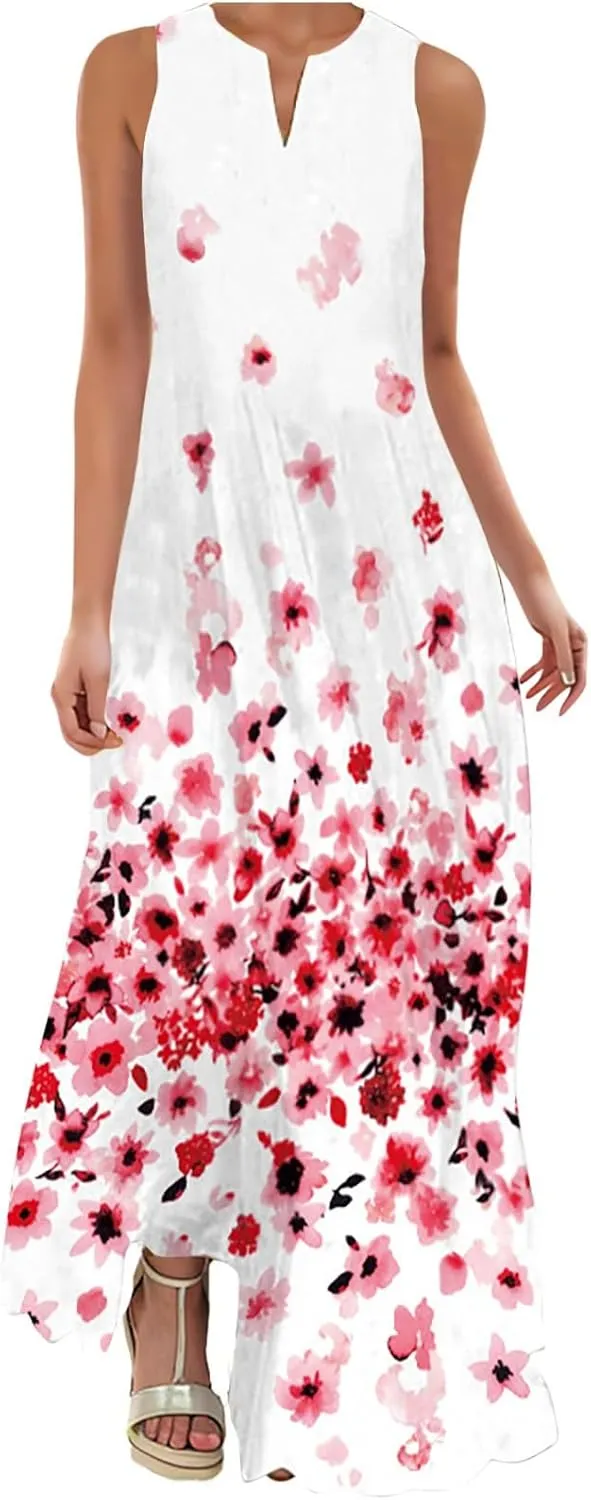 Women Summer Dresses 2025 Trendy Floral Print Maxi Dress Casual Flowy Sleeveless V Neck Long Sundress with Pockets