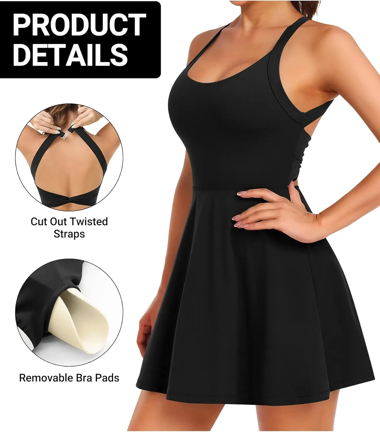 Women Tennis Golf Dress with Built-in Shorts and Bra-Workout Athletic Activewear for Exercise