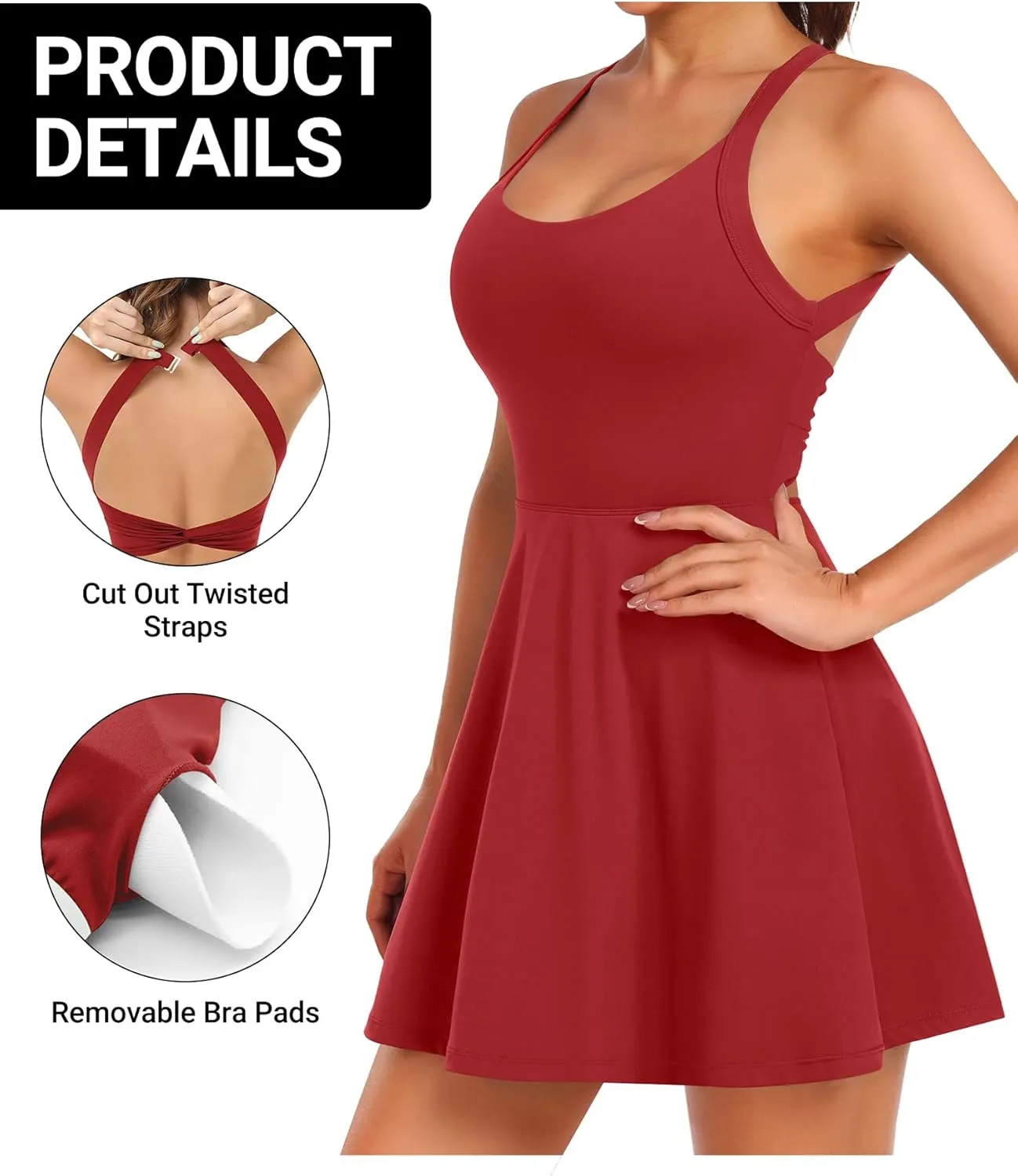 Women Tennis Golf Dress with Built-in Shorts and Bra-Workout Athletic Activewear for Exercise