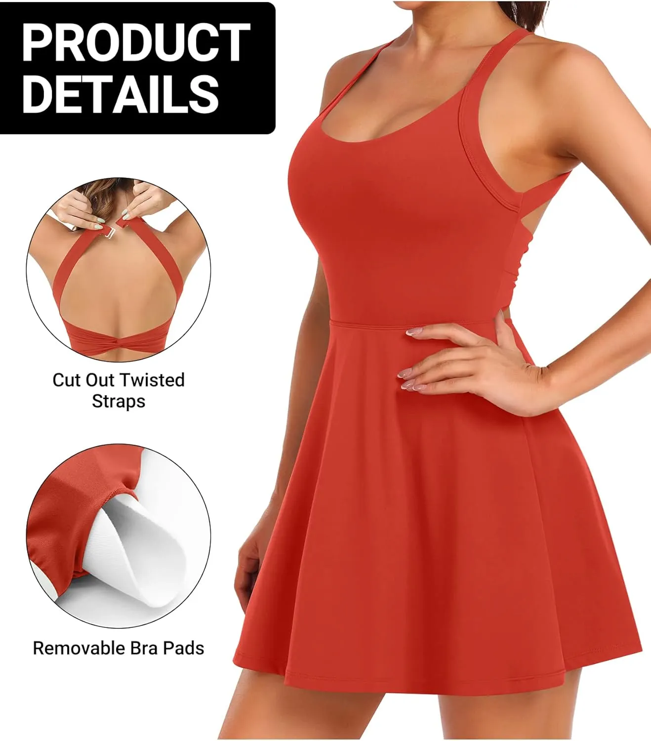 Women Tennis Golf Dress with Built-in Shorts and Bra-Workout Athletic Activewear for Exercise