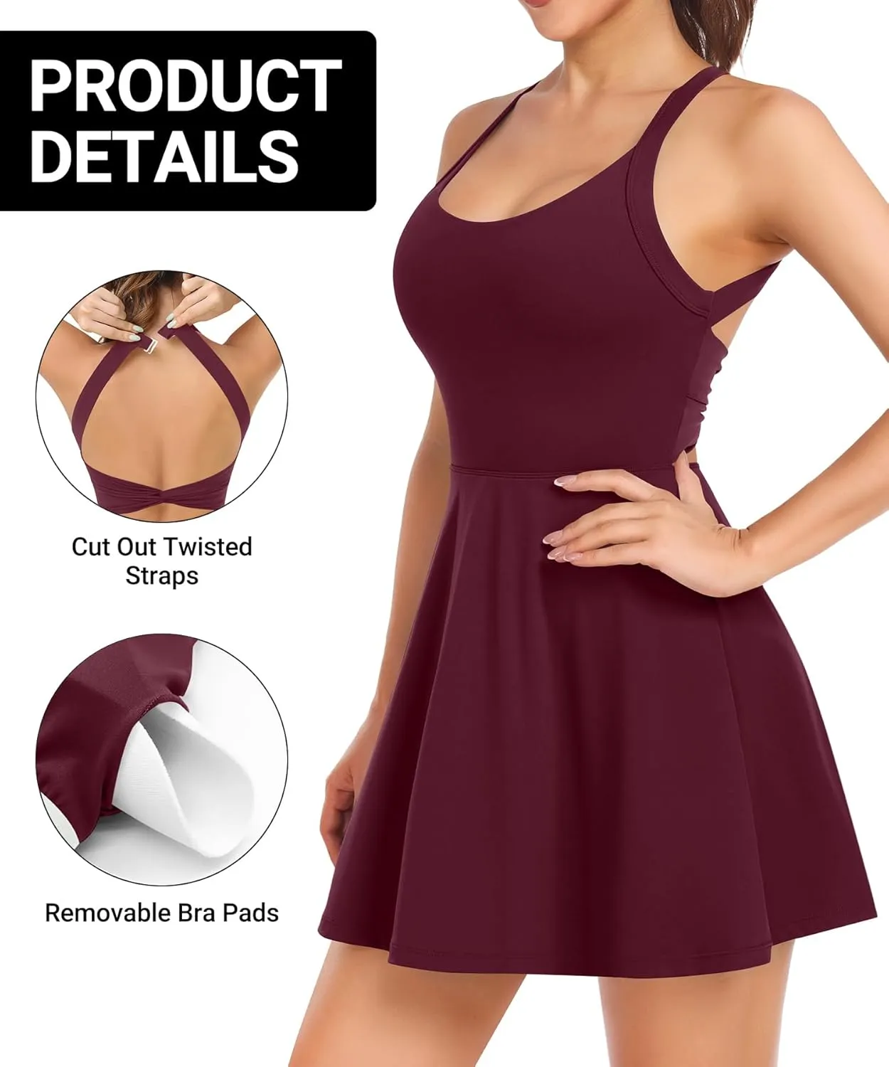 Women Tennis Golf Dress with Built-in Shorts and Bra-Workout Athletic Activewear for Exercise