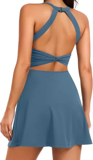 Women Tennis Golf Dress with Built-in Shorts and Bra-Workout Athletic Activewear for Exercise