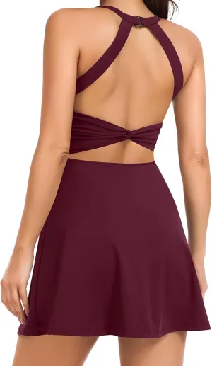 Women Tennis Golf Dress with Built-in Shorts and Bra-Workout Athletic Activewear for Exercise