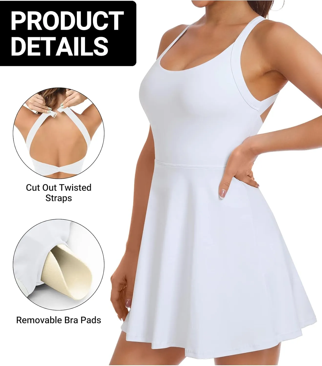 Women Tennis Golf Dress with Built-in Shorts and Bra-Workout Athletic Activewear for Exercise