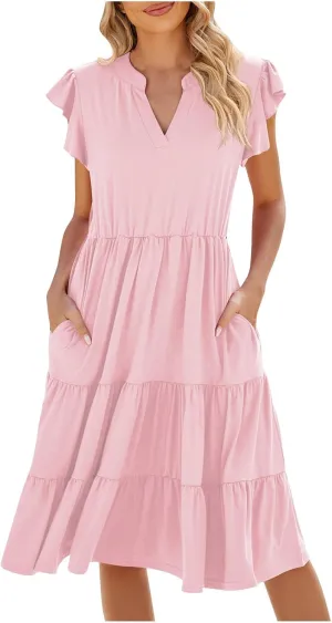 Women V Neck Summer Dresses Classy A-Line Ruffle Sundress Cap Sleeve Casual Midi Dress 2024 Vacation Sundresses