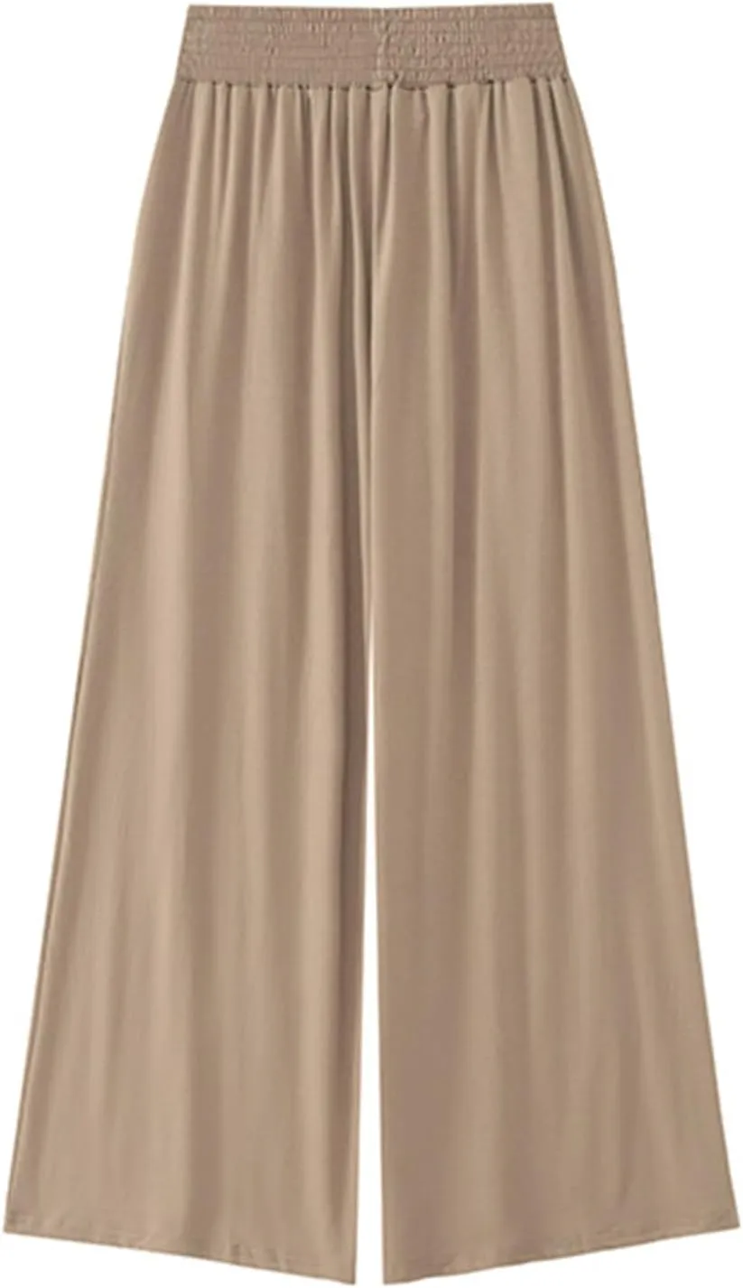 Women Wide Leg Palazzo Pants Casual Elastic High Waist Trousers Flowy Lounge Slacks with Pockets Summer Beach Outfits