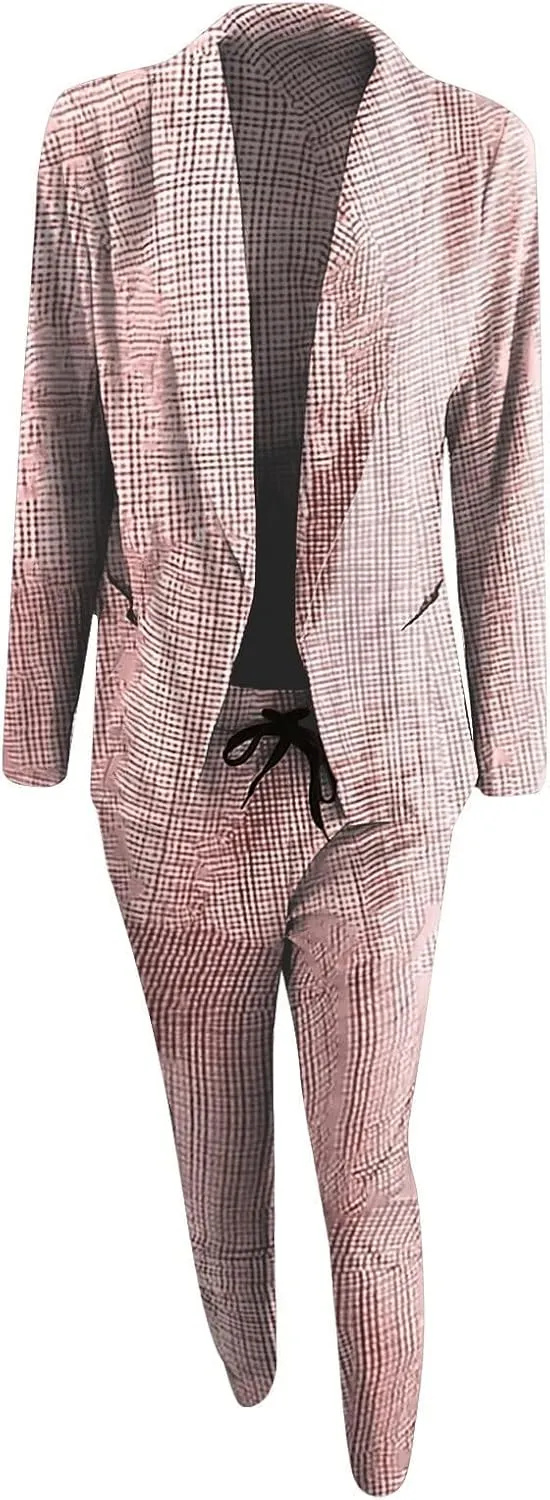Women's 2 Piece Blazer Set Casual Plaid Blazer Jackets & Drawstring Leggings Pants Suits Business Casual Outfits
