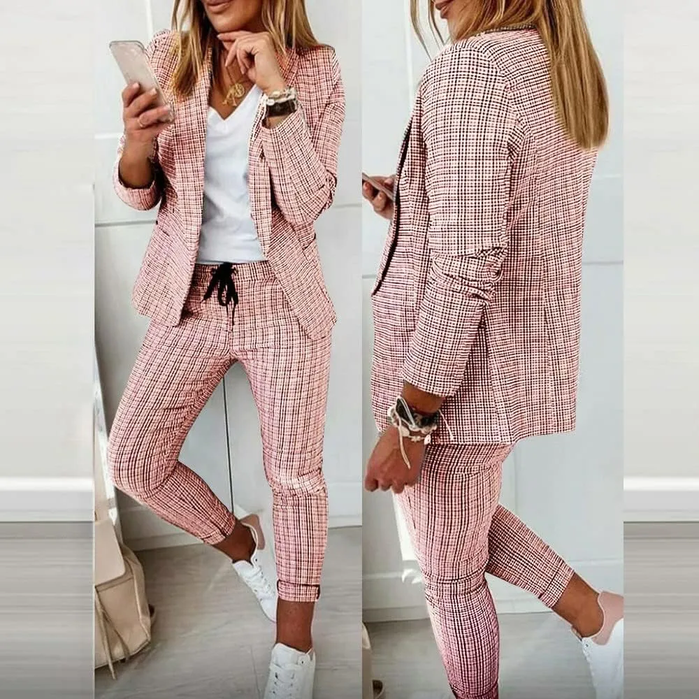 Women's 2 Piece Blazer Set Casual Plaid Blazer Jackets & Drawstring Leggings Pants Suits Business Casual Outfits