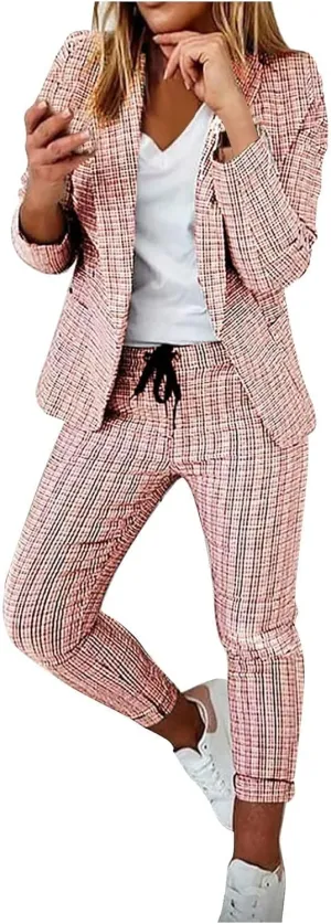 Women's 2 Piece Blazer Set Casual Plaid Blazer Jackets & Drawstring Leggings Pants Suits Business Casual Outfits