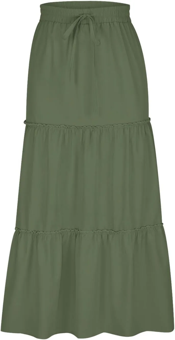 Women's 2024 Bohemian Skirt Casual Elastic High Waist Ruffle Tiered Long Skirt A Line Beach Dress Summer Skirts