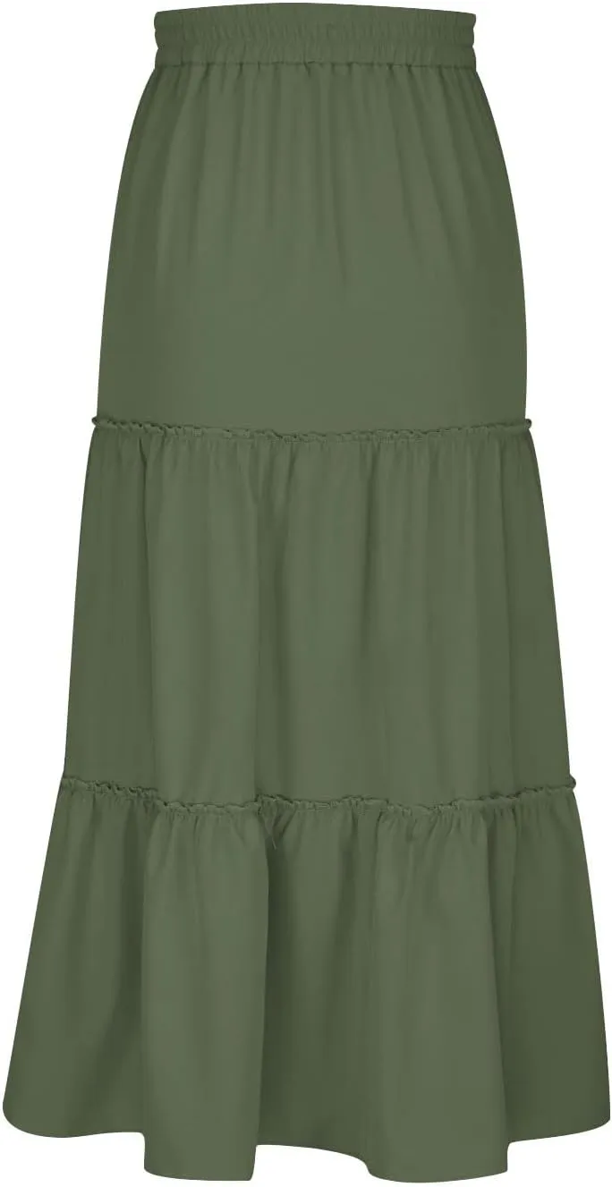 Women's 2024 Bohemian Skirt Casual Elastic High Waist Ruffle Tiered Long Skirt A Line Beach Dress Summer Skirts
