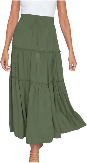 Women's 2024 Bohemian Skirt Casual Elastic High Waist Ruffle Tiered Long Skirt A Line Beach Dress Summer Skirts