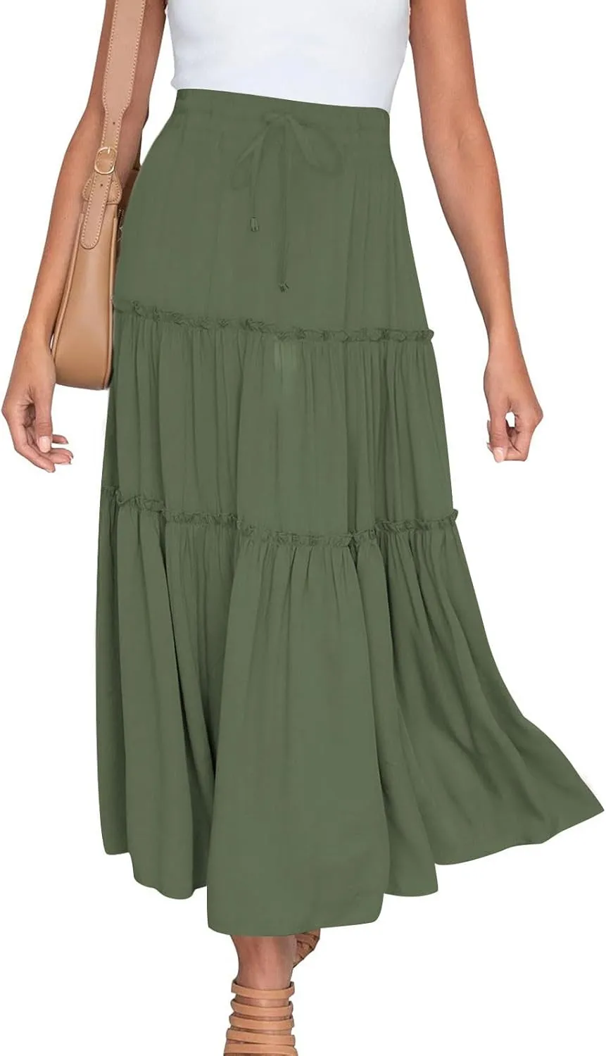 Women's 2024 Bohemian Skirt Casual Elastic High Waist Ruffle Tiered Long Skirt A Line Beach Dress Summer Skirts
