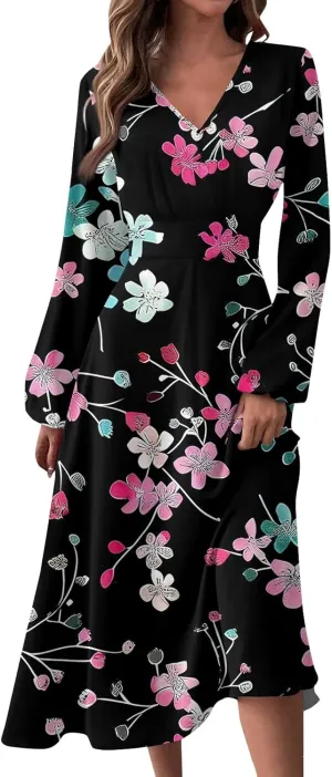 Women's 2025 Spring Fall Dress Casual Long Sleeve V Neck A Line Flowy Dresses Vacation Loose Resort Wear