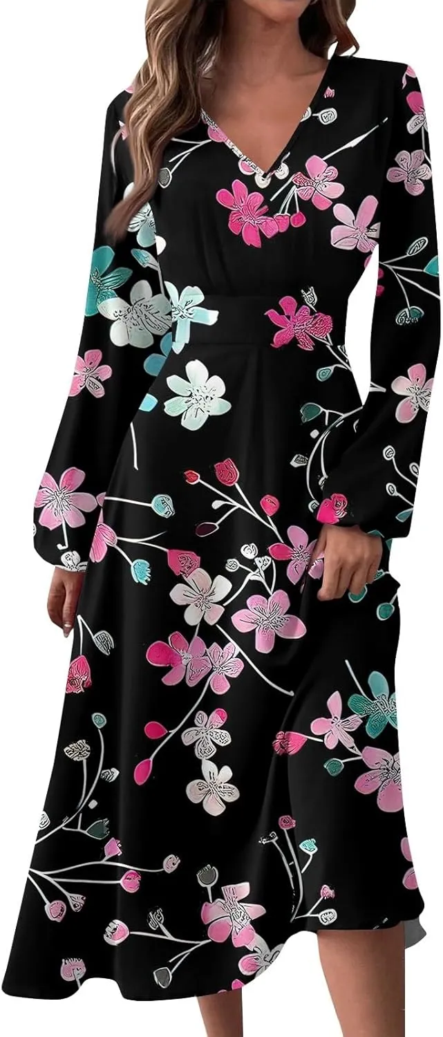 Women's 2025 Spring Fall Dress Casual Long Sleeve V Neck A Line Flowy Dresses Vacation Loose Resort Wear