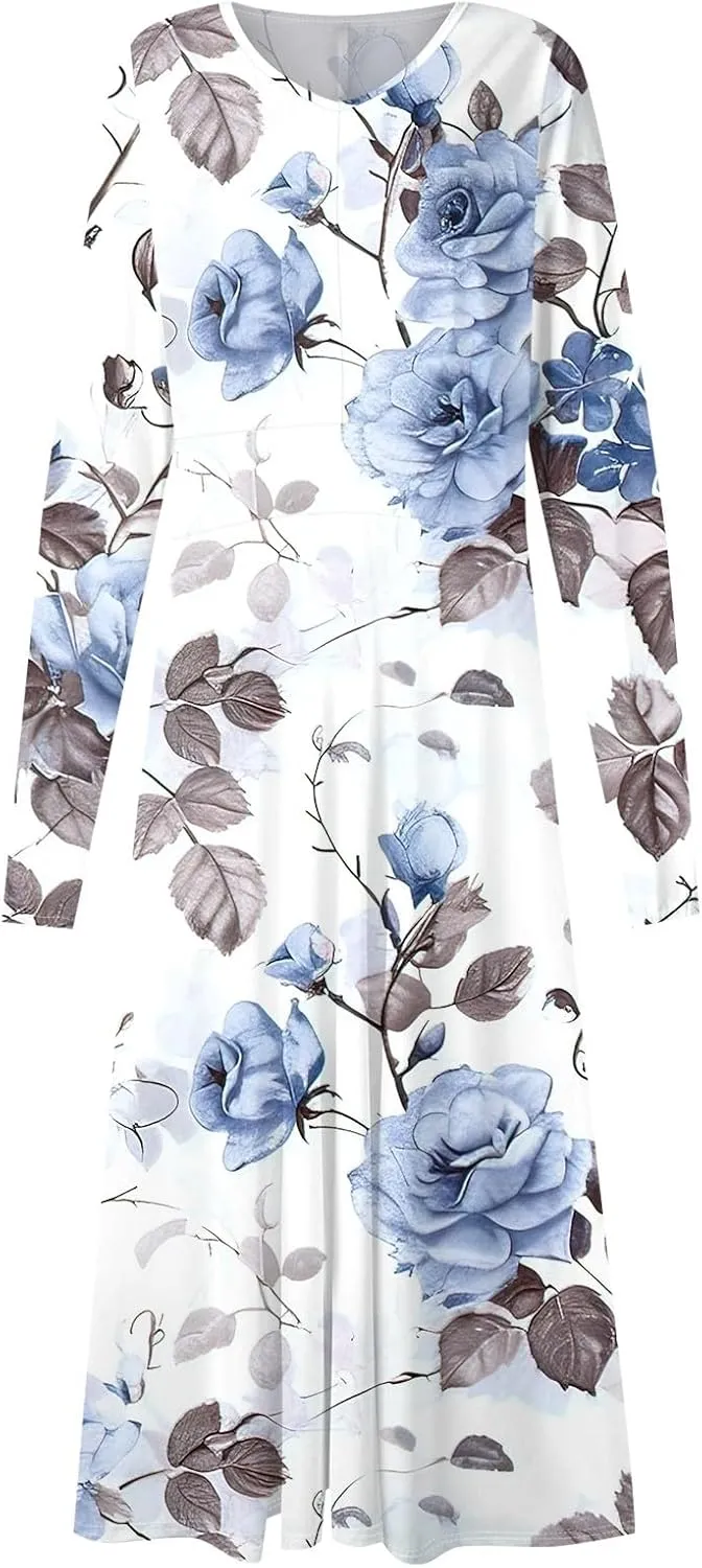 Women's 2025 Spring Fall Dress Casual Long Sleeve V Neck A Line Flowy Dresses Vacation Loose Resort Wear