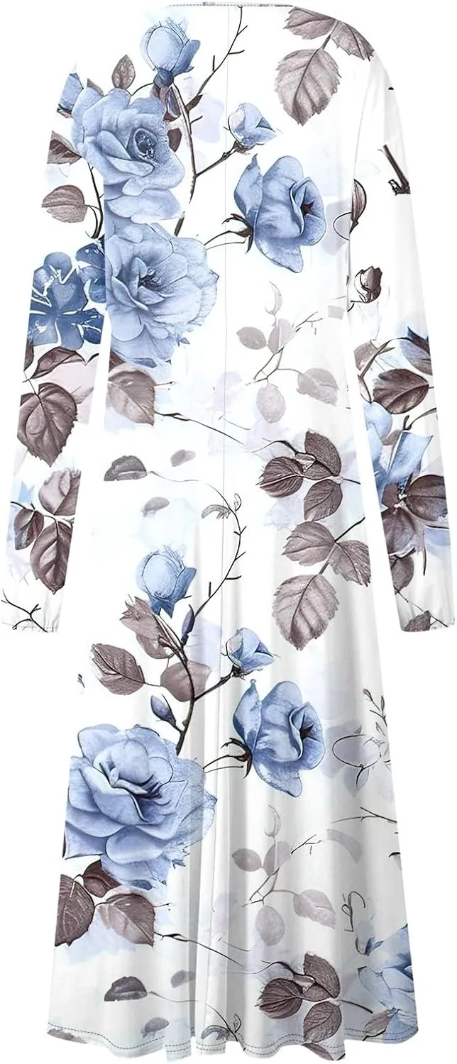 Women's 2025 Spring Fall Dress Casual Long Sleeve V Neck A Line Flowy Dresses Vacation Loose Resort Wear