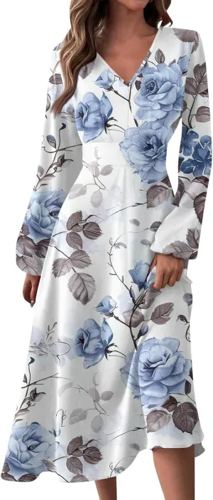 Women's 2025 Spring Fall Dress Casual Long Sleeve V Neck A Line Flowy Dresses Vacation Loose Resort Wear