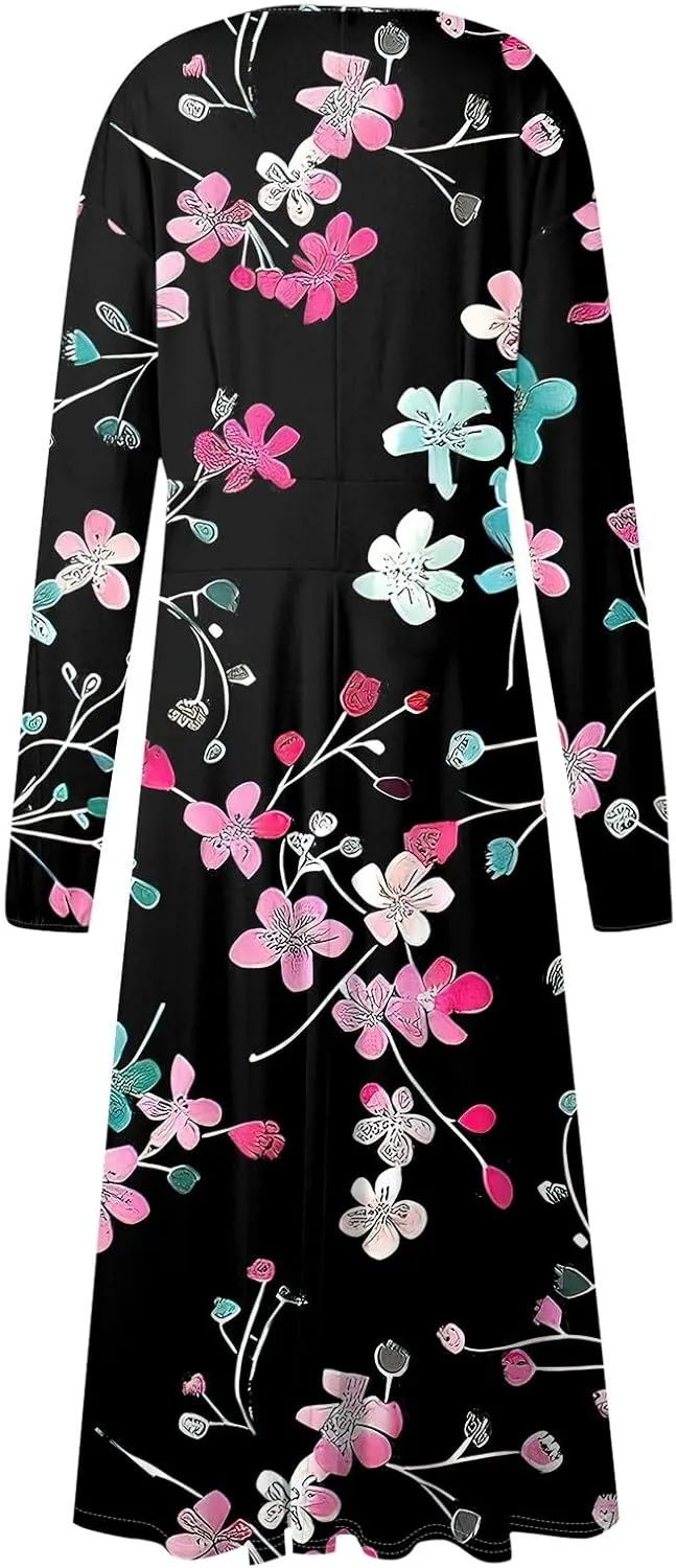 Women's 2025 Spring Fall Dress Casual Long Sleeve V Neck A Line Flowy Dresses Vacation Loose Resort Wear