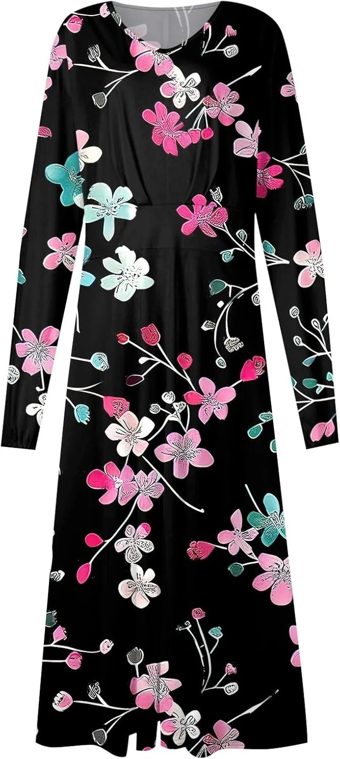 Women's 2025 Spring Fall Dress Casual Long Sleeve V Neck A Line Flowy Dresses Vacation Loose Resort Wear