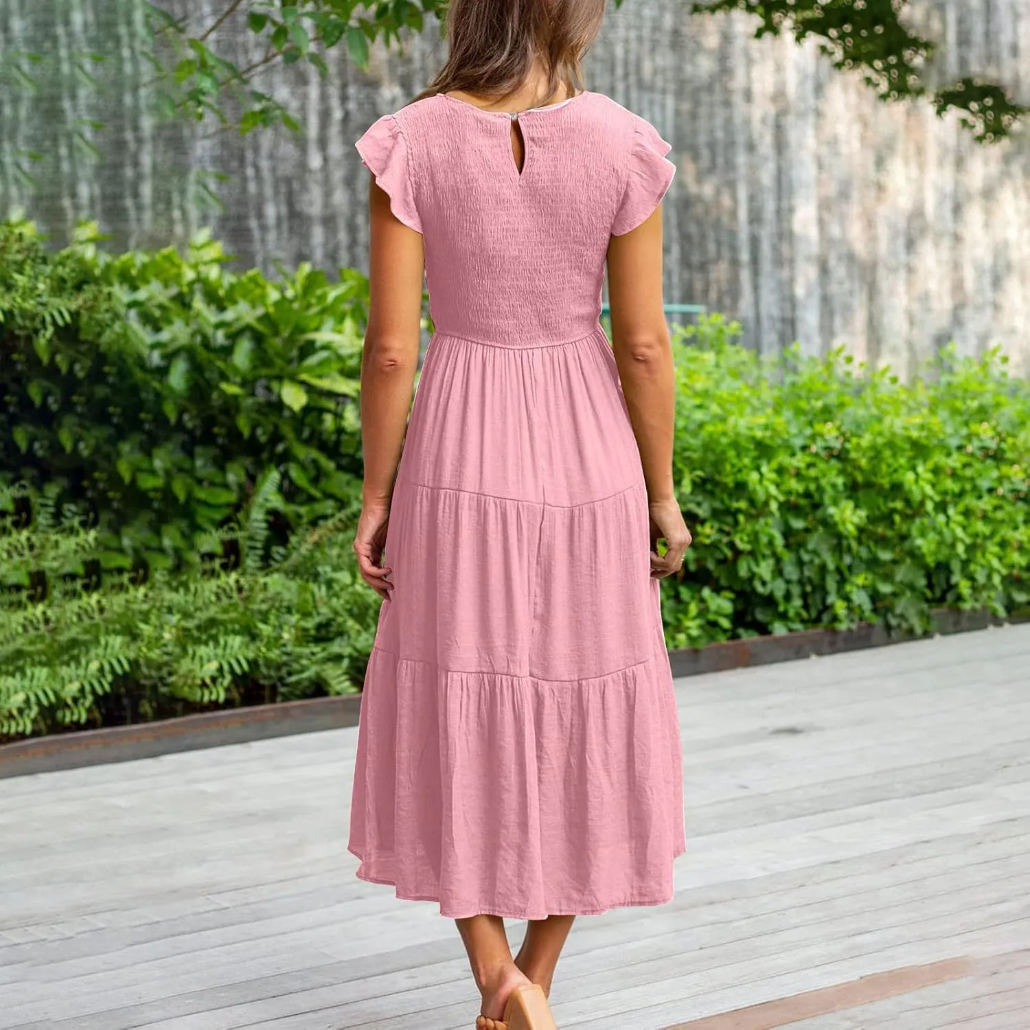 Women's 2025 Summer Boho Dress Crewneck Ruffle Sleeve Beach Vacation Midi Dresses Solid Flowy Sundress Cruise Clothes