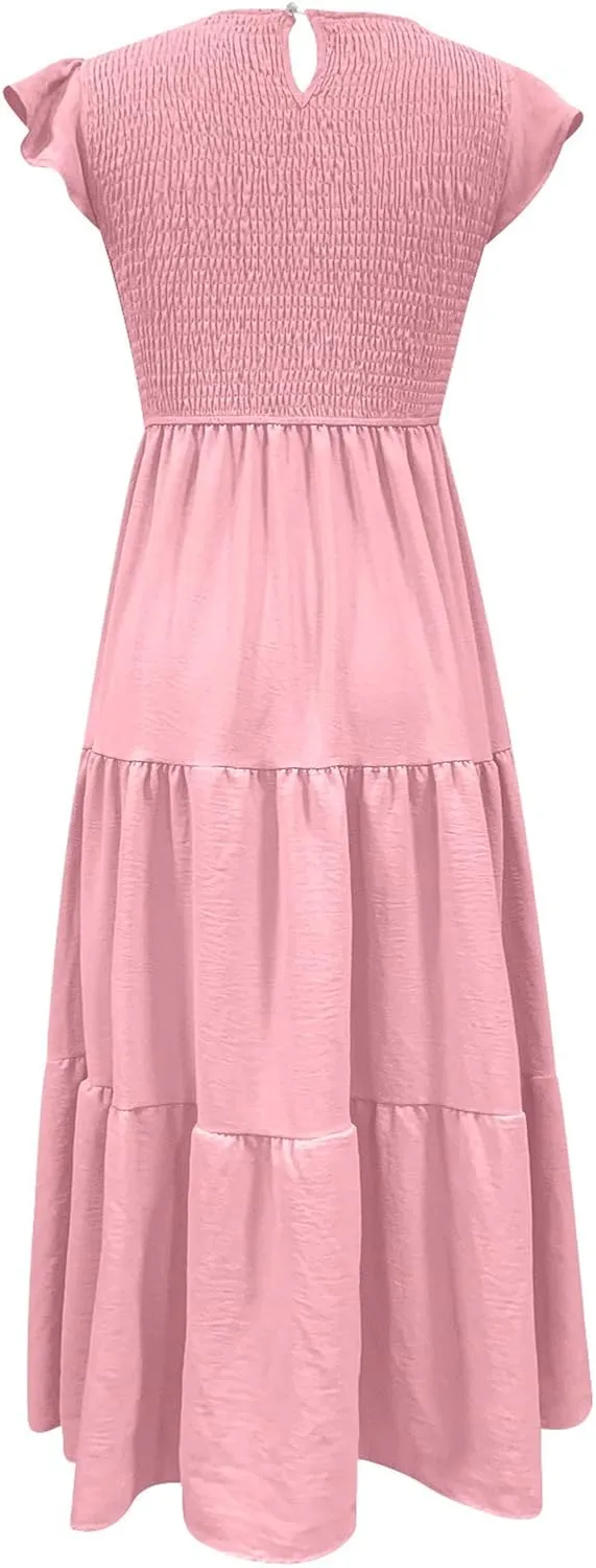 Women's 2025 Summer Boho Dress Crewneck Ruffle Sleeve Beach Vacation Midi Dresses Solid Flowy Sundress Cruise Clothes