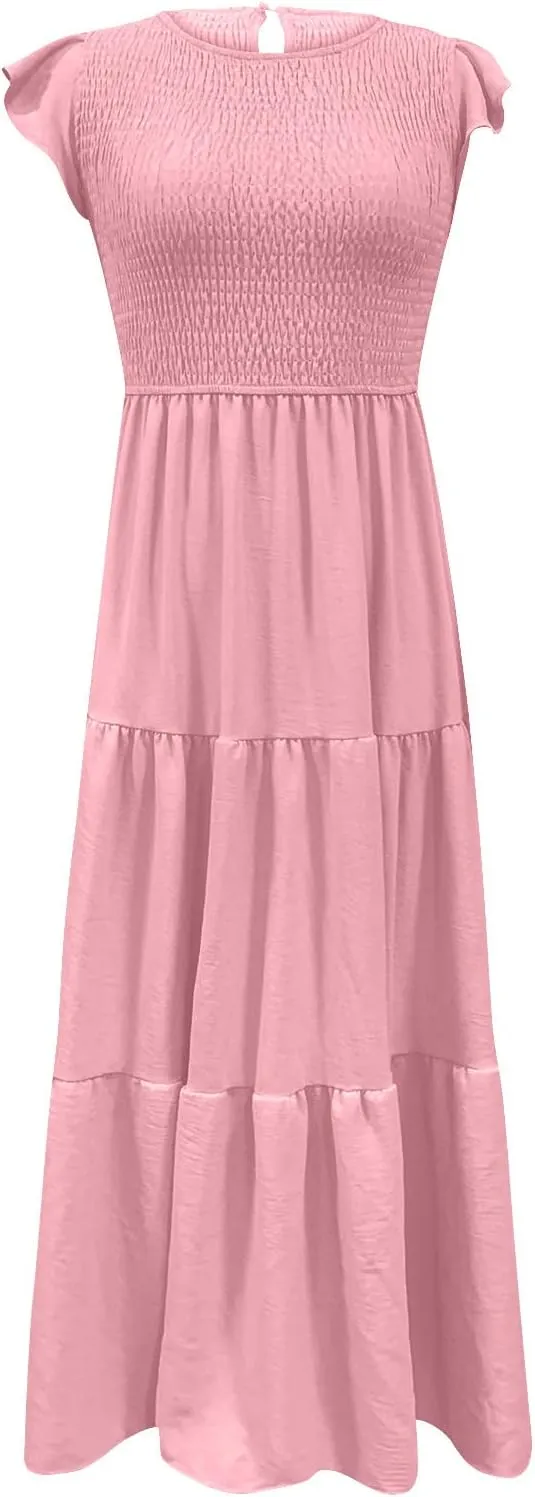 Women's 2025 Summer Boho Dress Crewneck Ruffle Sleeve Beach Vacation Midi Dresses Solid Flowy Sundress Cruise Clothes